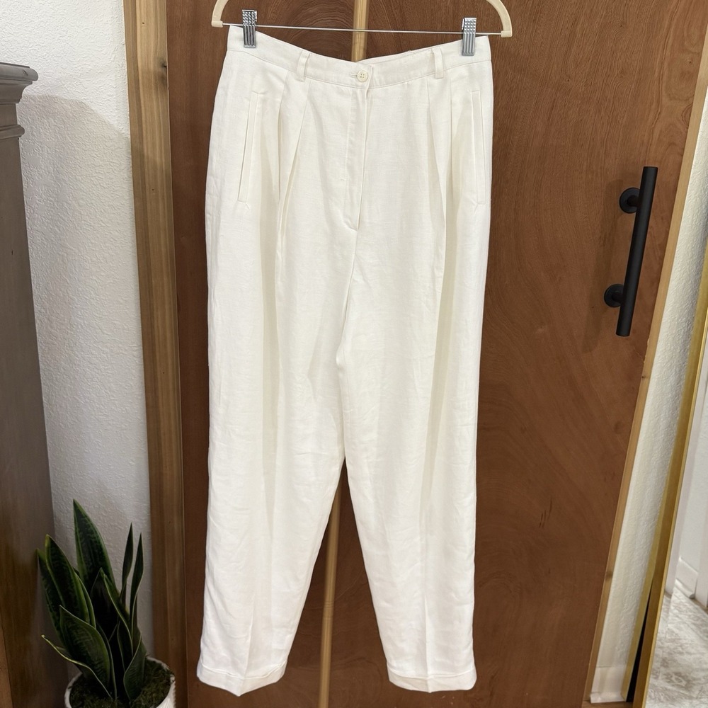 NWT Vintage Liz Claiborne White 100% Linen Pleated High Waist Trousers 12 Lined